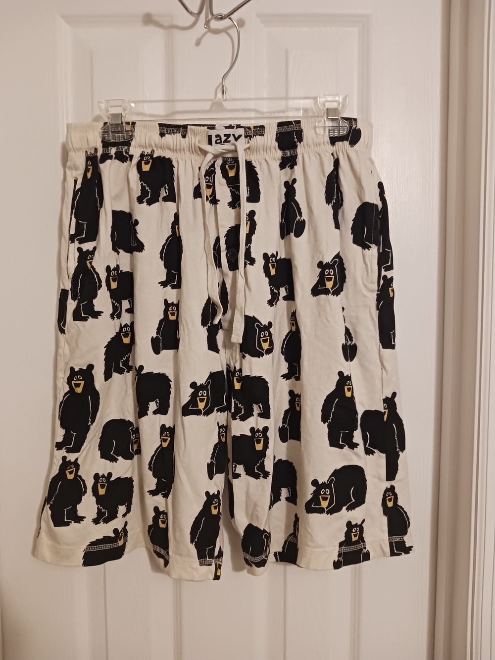 Lazy One Cream Cotton Lounge Shorts with Black Bear Print Size Large